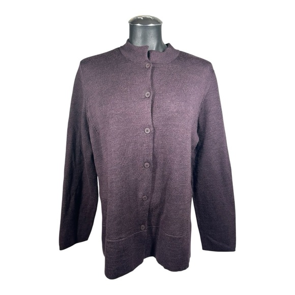 Eileen Fisher Sweaters - Eileen Fisher Womens Medium Cardigan Sweater 100% Merino Wool Eggplant Excellent